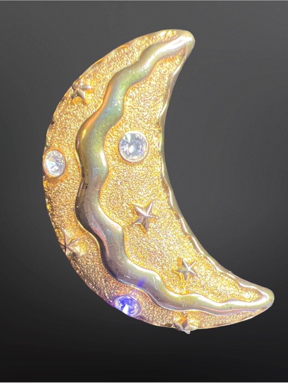 vintage gold tone  celestial crescent moon and Stars Rhinestones Brooch Pin